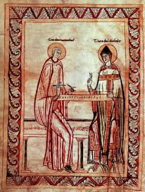 Guido d'Arezzo con Teodobaldo al monocordo, in una miniatura del sec. XII (Vienna, Nationalbibliothek).Vienna, Nationalbibliothek