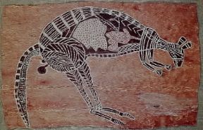 Australia. Dipinto su corteccia raffigurante un canguro nello 
