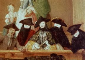 Bautte veneziane in un particolare della Visita al rinoceronte di P. Longhi(Londra, National Portrait Gallery).De Agostini Picture Library/ G. Nimatallah