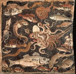 Emblema con fauna marina proveniente dalla Casa del Fauno a Pompei (Napoli, Museo Archeologico Nazionale).De Agostini Picture Library/Archivio B