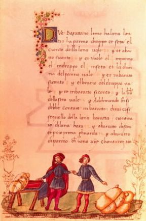 di lana contro panno, drappo e seta; testo miniato del sec. XVI (Firenze, Biblioteca Riccardiana). Baratto De Agostini Picture Library