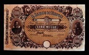 Biglietto di banca . Banconota emessa dal Banco di Napoli alla fine del sec. XIX.De Agostini Picture Library