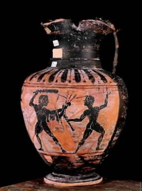 Cicno raffigurato mentre lotta con Eracle su un'anfora greca del sec. V a. C. (Napoli, Museo Archeologico Nazionale).De Agostini Picture Library