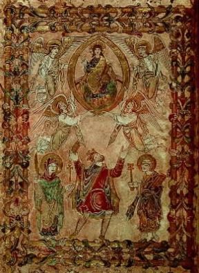 Edgardo il Pacifico (tra la Vergine e San Pietro) in una miniatura della scuola di Winchester (sec. X; Londra, British Museum). Londra, Museum British