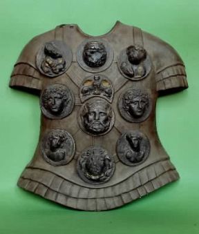 Falera. Riproduzione di corazza ornata con copie delle falere argentee di Lauersfort (Roma, Museo della CiviltÃ  Romana).De Agostini Picture Library
