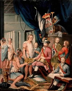 Hernan CortÃ©s. Montezuma II paga a CortÃ©s i tributi dovuti al re di Spagna (Madrid, Museo de AmÃ©rica).De Agostini Picture Library / G. Dagli Orti