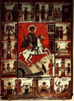 Novgorod . San Giorgio e il drago in una icona (sec. XIII) della scuola pittorica di Novgorod (San Pietroburgo, Museo d'Arte russa). De Agostini Picture Library/N. Cirani
