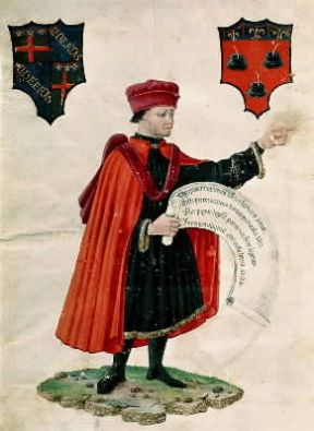 Corporazione. Notaio bolognese del sec. XV; miniatura tratta dagli Statuti dei notai (Bologna, Museo Civico).De Agostini Picture Library / A. Dagli Orti