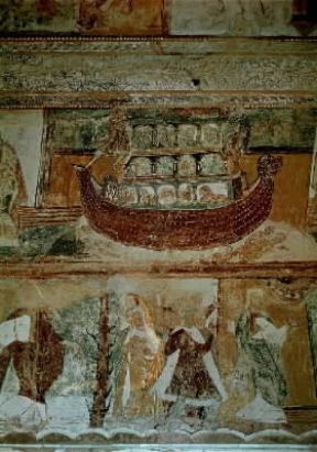 Diluvio . L'arca di NoÃ¨ in un affresco (sec.XI-XII) della chiesa abbaziale di Saint-Savin-sur-Gartempe.De Agostini Picture Library