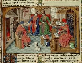 Marco Porcio Catone, detto il Censore raffigurato in una miniatura del sec. XV con Lelio, Scipione Emiliano e Attico (Chantilly, MusÃ©e CondÃ©).De Agostini Picture Library/M. Seemuller