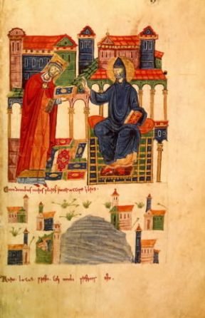 Benedetto da Norcia (a destra) in un manoscritto del sec. XI della Vita di S. Benedetto di Gregorio Magno (Roma, Biblioteca Vaticana).De Agostini Picture Library