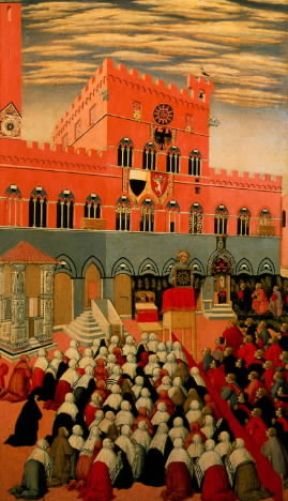 Bernardino da Siena. Una predica di Bernardino da Siena in un quadro di Sano di Pietro.De Agostini Picture Library