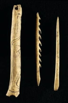 Osso . Arnesi in osso per la caccia e la pesca, rinvenuti nella stazione paleolitica di Laugerie Basse.De Agostini Picture Library/A. Dagli Orti