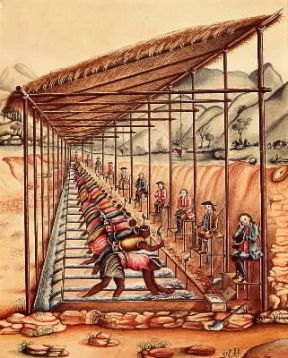 SchiavitÃ¹. Sorveglianti bianchi controllano il lavoro degli schiavi addetti al lavaggio delle pietre preziose in Brasile (sec. XVIII).De Agostini Picture Library / G. Dagli Orti