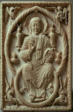 Avorio. Placca eburnea d'arte carolingia, sec. IX (Berlino, Staatliche Museen).Berlino, Staatliche Museen