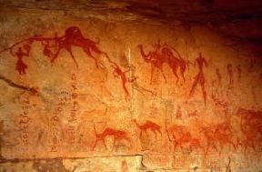 Rupestre. Pittura con scena di battaglia nella zona del Tassili, in Algeria, di notevole importanza per l'arte rupestre.De Agostini Picture Library / E. Pagani
