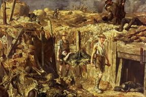 Fiandra. Trasporto di un ferito in una trincea inglese durante la seconda battaglia, nel 1917 (Londra, Imperial War Museum).De Agostini Picture Library/G. Nimatallah