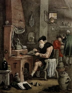 Alchimia. Laboratorio di alchimisti fiamminghi in una stampa del Settecento (Roma, Museo Storico dell'Arte Sanitaria).De Agostini Picture Library/A. Dagli Orti
