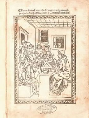 Francesco Landino. Illustrazione tratta da una raccolta di lettere e orazioni in volgare del poeta e compositore italiano (Venezia, Biblioteca Marciana).De Agostini Picture Library