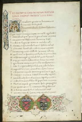 Tito Lucrezio Caro. Pagina miniata del De rerum natura tratta da un codice membranaceo del sec. XV (Milano, Biblioteca Ambrosiana).Milano, Biblioteca Ambrosiana