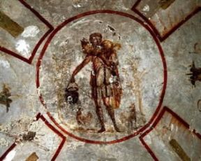 Buon Pastore raffigurato in un affresco delle catacombe di S. Callisto a Roma.De Agostini Picture Library/V. Pirozzi