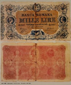 Banca Romana. Recto e verso di un biglietto da mille lire.De Agostini Picture Library