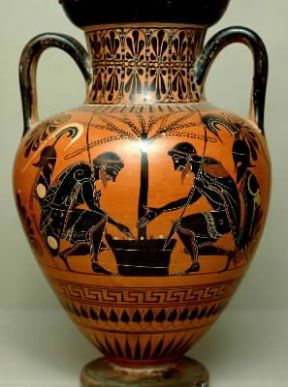 Dadi. Achille e Aiace giocano a dadi; anfora del sec. VI a. C. (Roma, Museo Nazionale di Villa Giulia).De Agostini Picture Library / G. Nimatallah