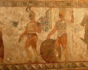 Sanniti. Pittura funeraria raffigurante una scena di commiato di cavalieri sannitici, da Paestum (Napoli, Museo Archeologico Nazionale).De Agostini Picture Library / A. Dagli Orti