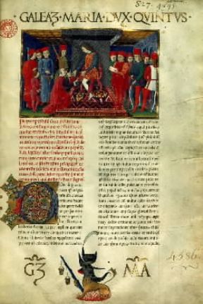 Galeazzo Maria Sforza in una pagina miniata dell'Opusculum super declarationem arboris consanguinitatis et affinitatis di G. Mangiaria (Parigi, BibliothÃ¨que Nationale).De Agostini Picture Library/J. E. Bulloz