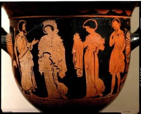 Medea. Rappresentazione della Medea di Euripide su un cratere lucano (Parigi, Louvre).De Agostini Picture Library/G. Dagli Orti