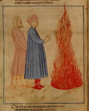 Italia . Dante e Virgilio incontrano Ulisse in una miniatura veneta che illustra un'edizione trecentesca della Divina Commedia (Venezia, Biblioteca Marciana). De Agostini Picture Library/A. Dagli Orti