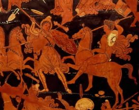 Amazzoni raffigurate nel particolare di un vaso attico a figure rosse (sec. IV a. C.; Napoli, Museo Archeologico Nazionale).De Agostini Picture Library/A. Dagli Orti