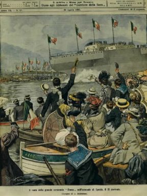 Achille Beltrame. Tavola raffigurante il varo di una corazzata a Roma, eseguito per La domenica del Corriere (1938).De Agostini Picture Library/A. Dagli Orti