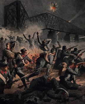 Austria. Combattimento presso il ponte sulla Sava, all'inizio della guerra tra Austria e Serbia.De Agostini Picture Library / A. Dagli Orti