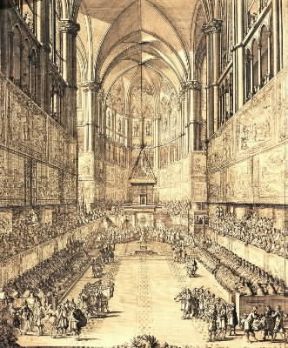 Francia. L'incorazione di Luigi XIV nel 1654 in una incisione del sec. XVII (Versailles, Museo).De Agostini Picture Library/G. Dagli Orti