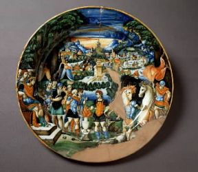 Ceramica. Piatto italiano del sec. XVI raffigurante Muzio Scevola davanti a Porsenna (Firenze, Museo Nazionale del Bargello).De Agostini Picture Library/G. Nimatallah