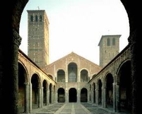 Lombardia. La facciata di S. Ambrogio a Milano, affiancata dai campanili dei Monaci e dei Canonici.De Agostini Picture Library/G. Cigolini
