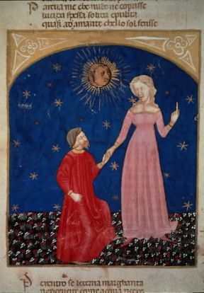 Beatrice guida Dante, miniatura da un codice (Venezia, Biblioteca Marciana).De Agostini Picture Library