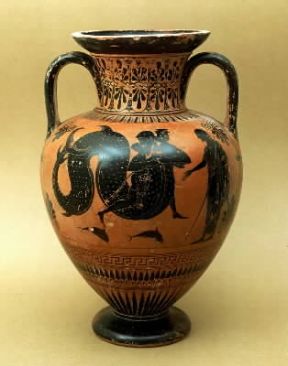 Ercole e Tritone rappresentati in un'anfora a figure nere proveniente da Selinunte (Palermo, Museo Archeologico).De Agostini Picture Library/G. Nimatallah