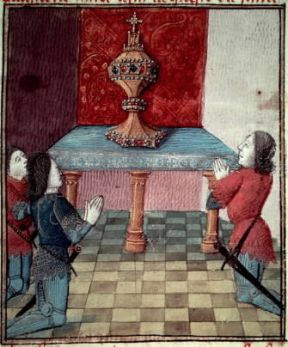 Graal. Miniatura raffigurante l'adorazione del Santo Graal (Parigi, BibliothÃ¨que Nationale).Parigi, BibliothÃ¨que Nationale