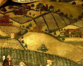Paesaggio . Particolare dal ciclo di affreschi con Allegorie ed Effetti del Buono e Cattivo Governo in cittÃ  e nel contado di A. Lorenzetti (Siena, Palazzo Pubblico).De Agostini Picture Library/A. De Gregorio