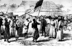 Africa. Stampa raffigurante l'incontro a Ujiji tra Stanley e Livingstone, ai quali si deve gran parte dell'esplorazione dell'Africa australe.De Agostini Picture Library