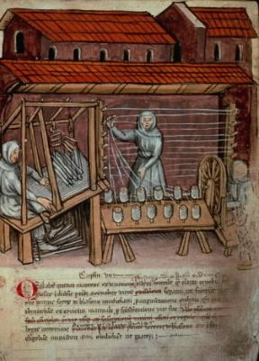 Bindolo . Avvolgimento della lana in matasse in una miniatura tratta dalla Historia Ordinis Umiliatorum (sec. XIV; Milano, Biblioteca Ambrosiana).Milano, Ambrosiana