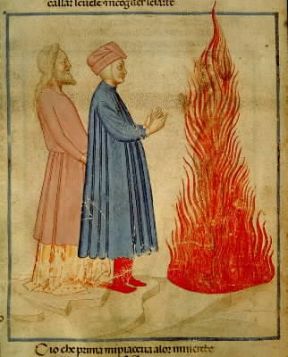 Divina Commedia . Dante e Virgilio incontrano Ulisse in una miniatura veneta del sec. XIV (Venezia, Biblioteca Marciana).De Agostini Picture Library/A. Dagli Orti