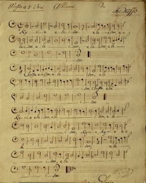 Italia . Una pagina della partitura autografa della Messa a tre voci di T. Albinoni (Venezia, Biblioteca Nazionale Marciana).De Agostini Picture Library/A. Dagli Orti