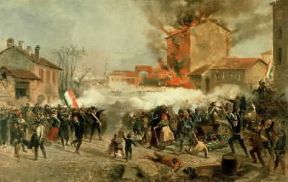 Guerre di indipendenza italiane . Un momento dell'insurrezione milanese delle Cinque Giornate (18-22 marzo 1848) in un dipinto del sec. XIX (Milano, Museo del Risorgimento).De Agostini Picture Library/G. Cigolini
