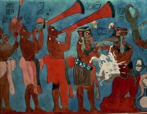 Maya. Ricostruzione dell'affresco con musici dell'edificio di Bonampak, nel PetÃ©n (CittÃ  di Messico, Museo d'Antropologia).De Agostini Picture Library/G. Dagli Orti