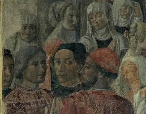 Angelo Ambrogini, detto il Poliziano ritratto con Marsilio Ficino e Pico della Mirandola nella Processione davanti a S. Ambrogio di C. Rosselli (particolare; Firenze, S. Ambrogio).De Agostini Picture Library/G. Nimatallah