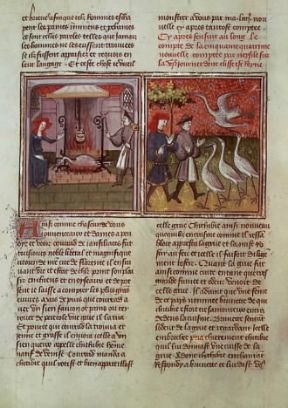 Giovanni Boccaccio . Miniatura di scuola francese per la novella Chichibio e la gru, da un manoscritto del sec. XIV del Decameron (Vienna, Nationalbibliothek).De Agostini Picture Library