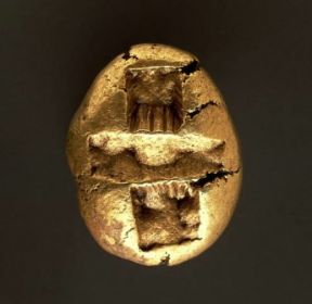 Moneta in elettro coniata nel sec. VI a. C. a Mileto.De Agostini Picture Library / G. Cigolini